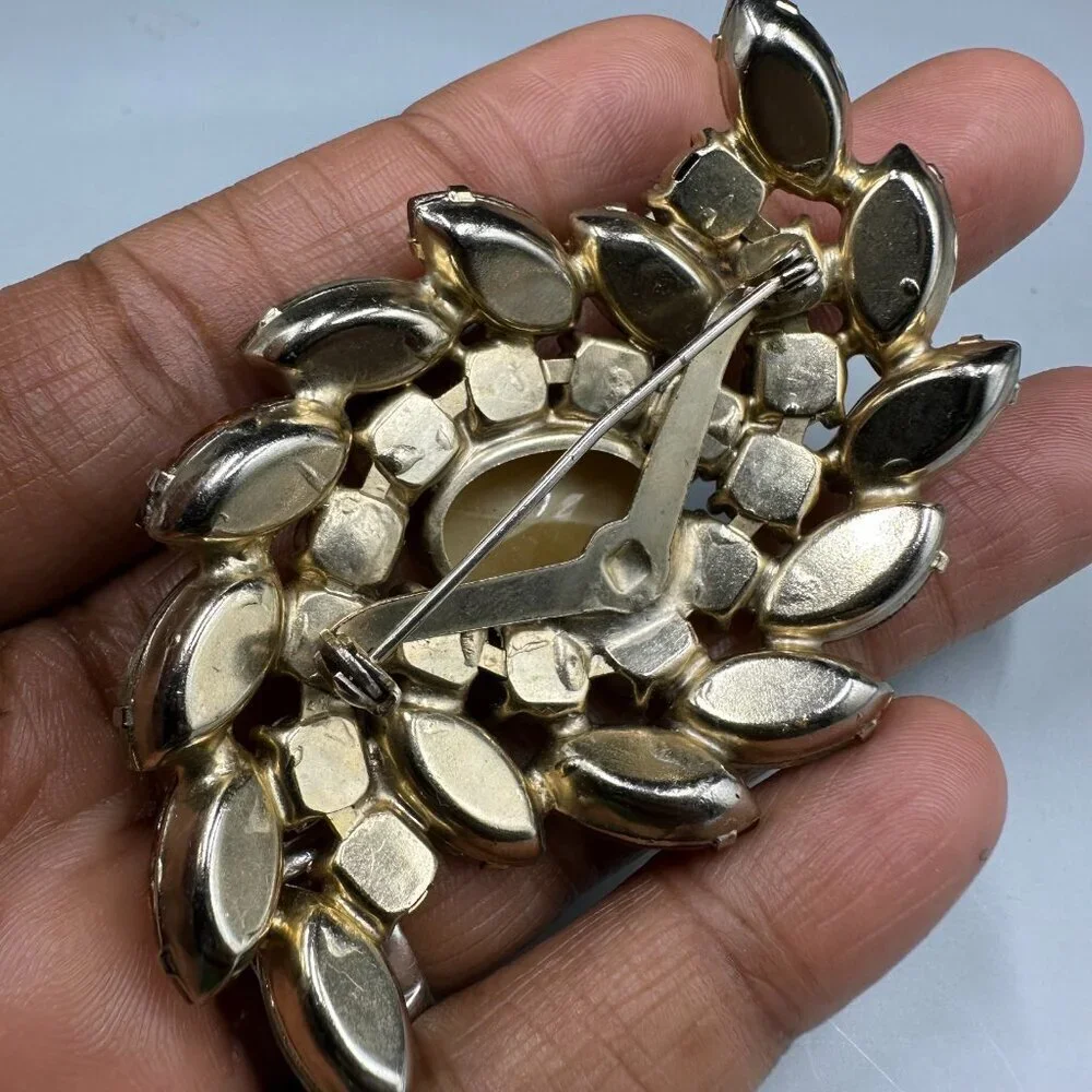 Vintage Amber Color Rhinestone Brooch Silver Tone Navette Aurora Borealis